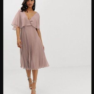 Women NWT US 12 ASOS Flutter Slv Tulle Midi Pleated Skirt Blush Pink Nude Dress